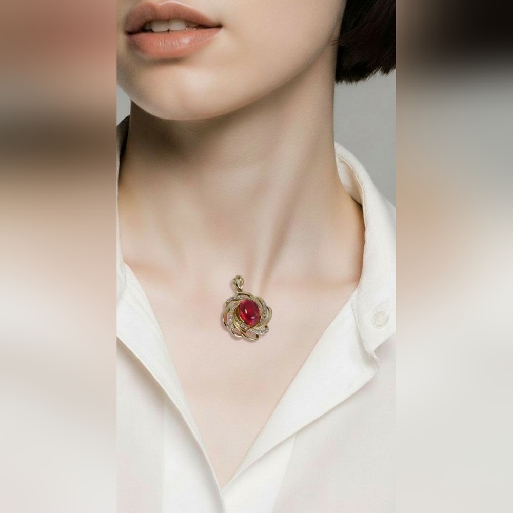 925 Sterling Silver 14K Yellow Gold Plated Pendant with Natural Red Opal & Cz - Picture 2 of 8
